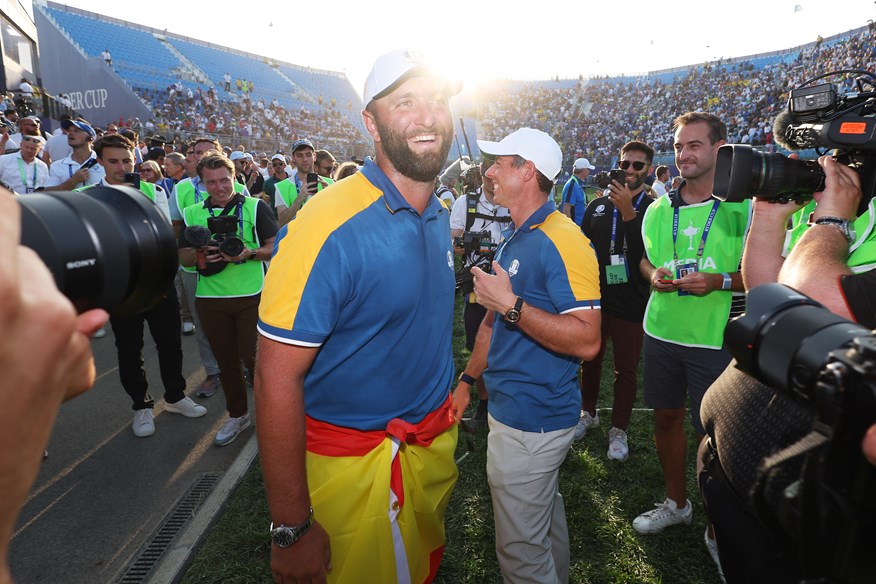Jon Rahm celebrates at the Ryder Cup Rome.