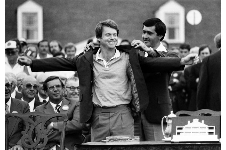 Tom Watson receives his Green Jacket from Seve Ballesteros after winning the 1981 Masters.