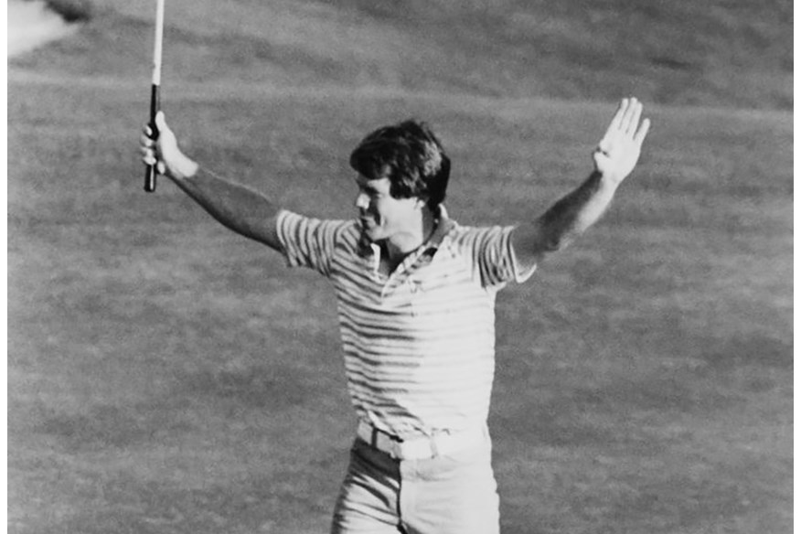 Tom Watson celebrates after holing the final putt to win his first Masters in 1977.