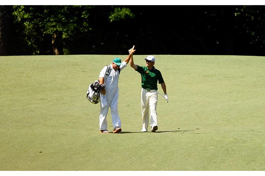 Louis Oosthuizen celebrates his albratross at the 2012 Masters.