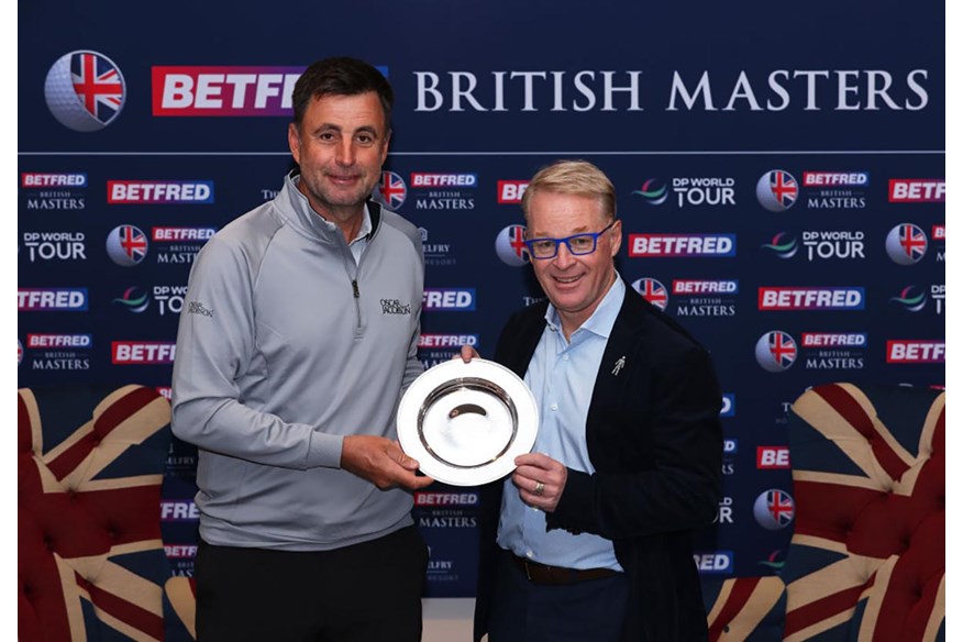 Richard Bland is presented with a silver salver ahead of his 500th DP World Tour start at The British Masters.