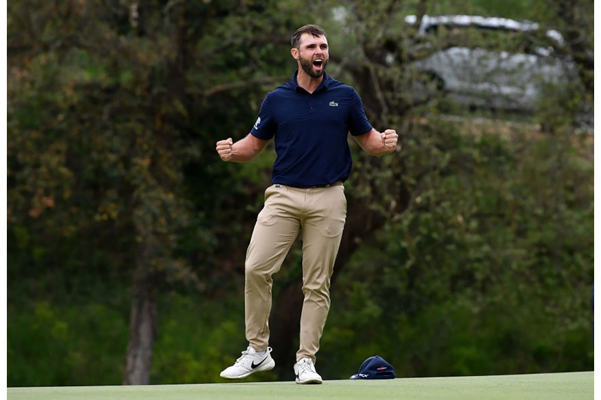 Adri Arnaus celebrates winning his first DP World Tour title at the Catalunya Championship.