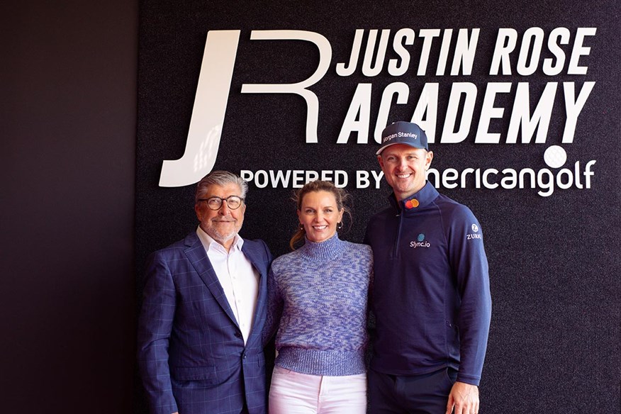 Justin and Kate Rose with American Golf CEO at the launch of the academy.