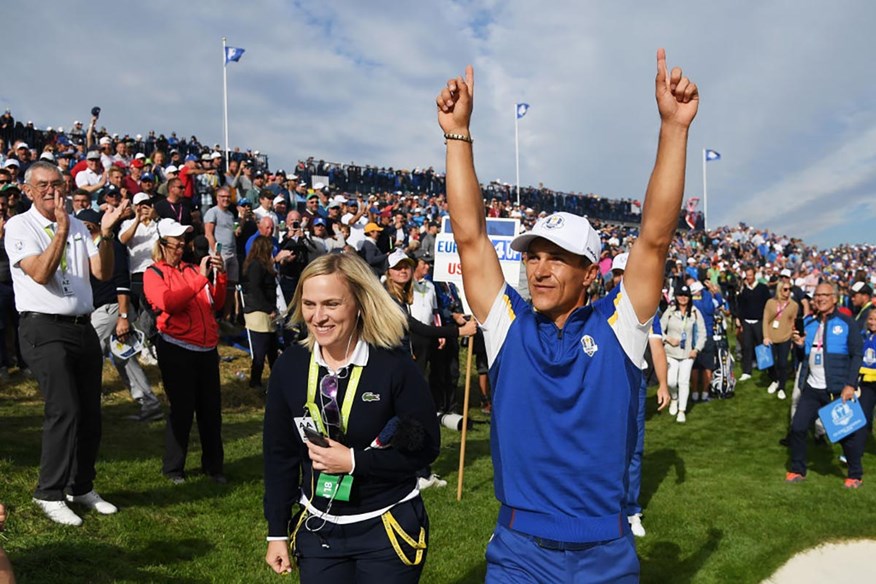 Thorbjorn Olesen celebrates winning the Ryder Cup in 2018.