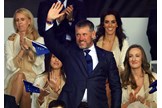 Lee Westwood greets the crowd at the opening ceremony of the 43rd Ryder Cup.