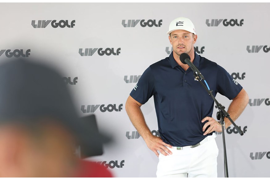 Bryson DeChambeau speaks at the LIV Golf Chicago event.