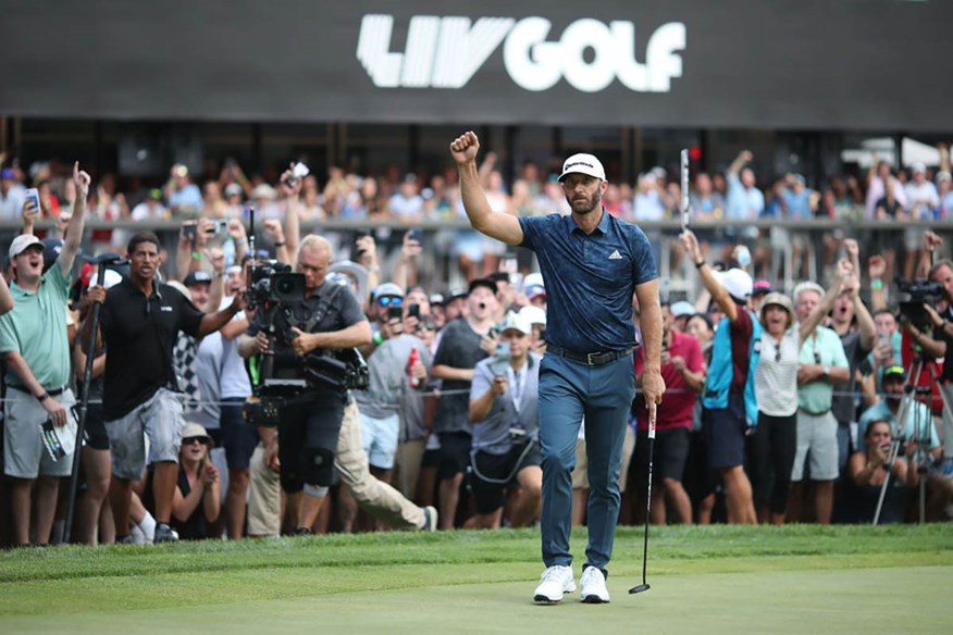 Dustin Johnson celebrates his victory at the LIV Golf Invitational Boston.