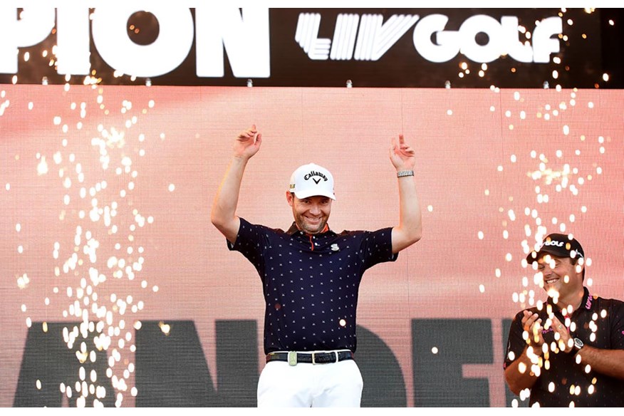 Branden Grace celebrates after winning the LIV Golf Invitational Portland.