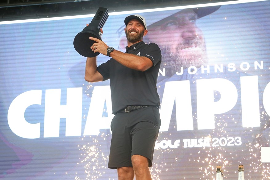 Dustin Johnson celebrates winning the LIV Golf Invitational Tulsa.