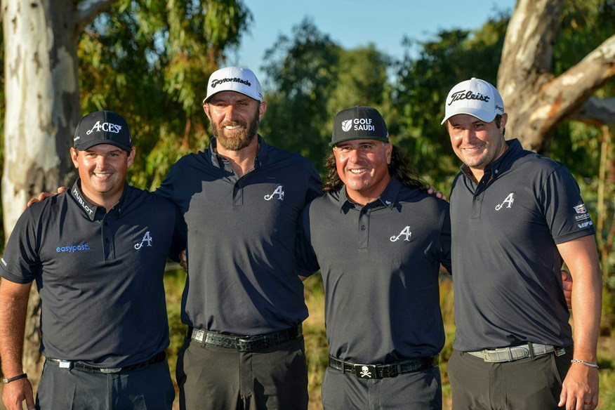 The 4Aces team of Patrick Reed, Dustin Johnson, Pat Perez and Peter Uihlein pose after their team win at Liv Golf Adelaide.