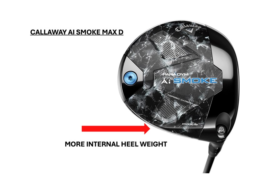 A graphic to show where the extra heel weight is positioned on the Callaway AI Smoke Max D draw driver