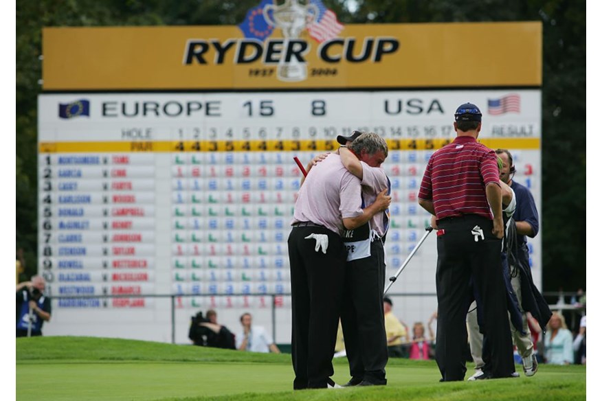 Billy Foster shares an emotional moment with Darren Clarke at the 2006 Ryder Cup.