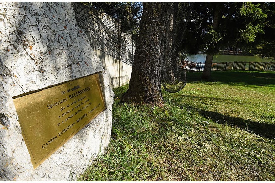 A plaque marks the spot in Crans-Montana where Seve Ballesteros hit one of golf's most famous shots.