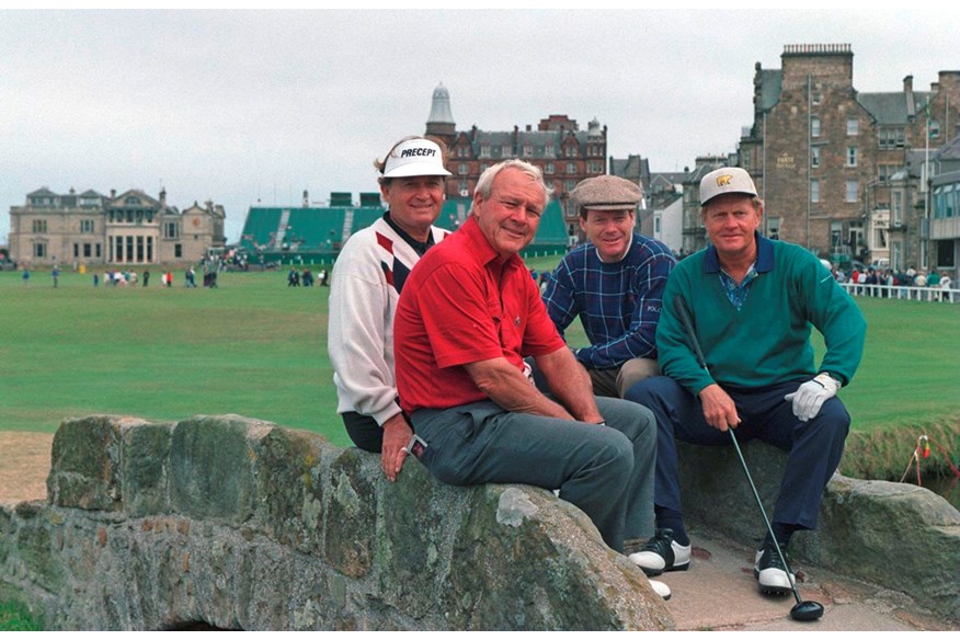 Raymond Floyd, Arnold Palmer, Tom Watson, and Jack Nicklaus pose on the Swilcan Bridge.