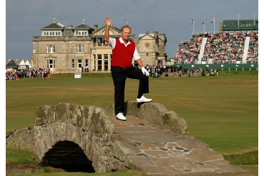 Jack Nicklaus waves goodbye to The Open Championship on the Swilcan Bridge in 2005.