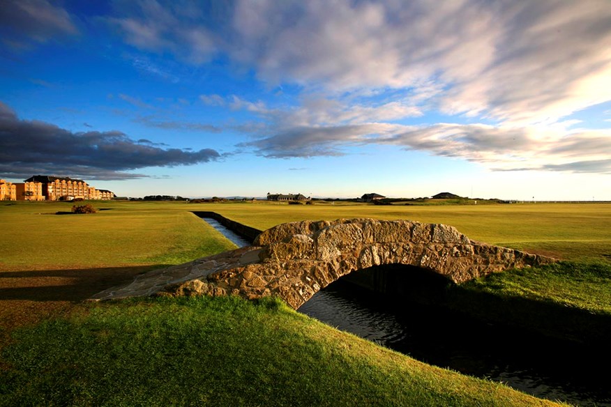 The Swilcan Burn and Bridge, with the Old Course Hotel in the background.