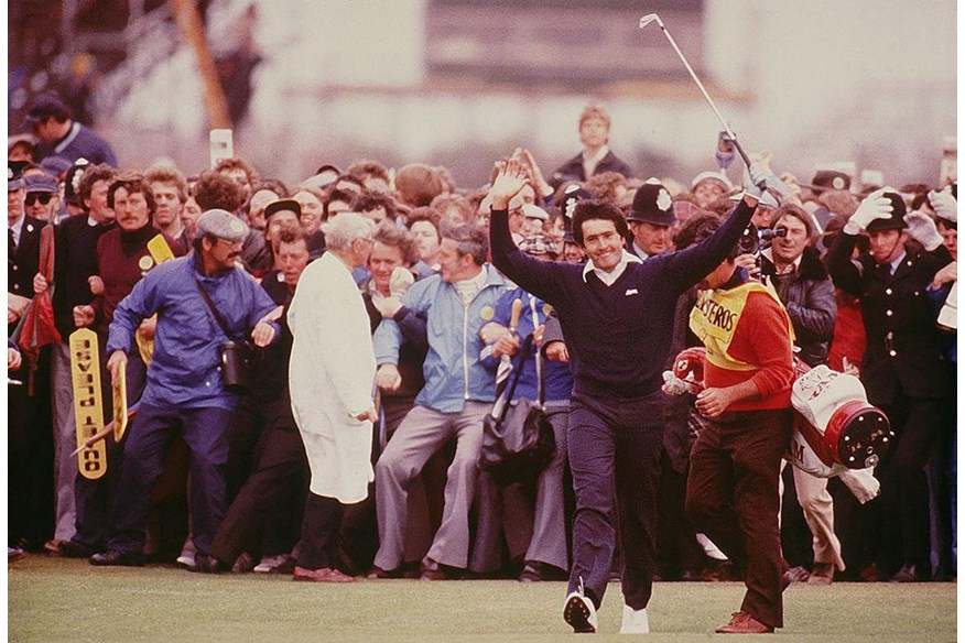 Seve Ballesteros celebrates his first Open win in 1979.