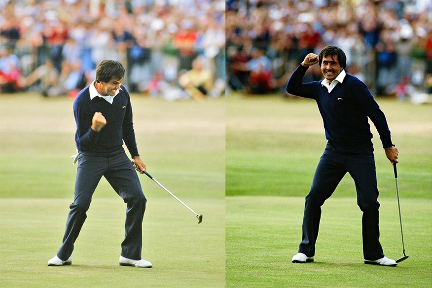 Seve Ballesteros' famous celebration after winning the 1984 Open at St Andrews.