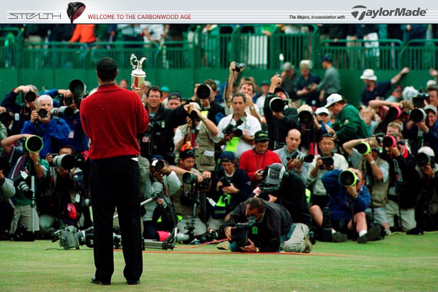 Tiger Woods holds the Claret Jug Open trophy after winning the 2000 Open at St Andrews' Old Course