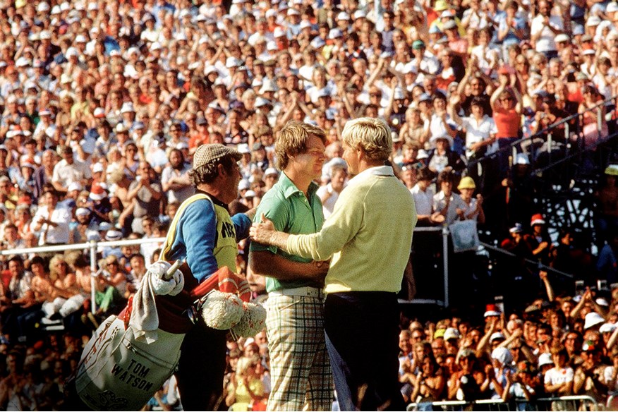 Tom Watson and Jack Nicklaus embrace after the 1977 Open