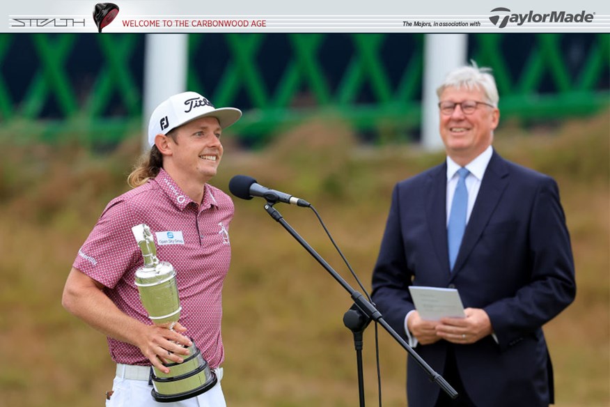 Cameron Smith delivers his Open victory speech, watched by R&A chief executive Martin Slumbers.