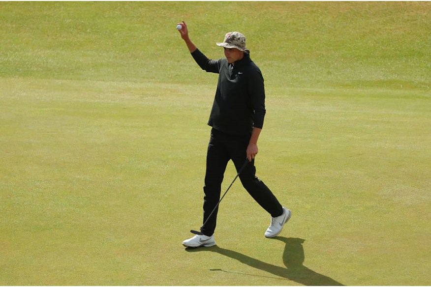 Barclay Brown acknowledges the crowd during the second round of the 150th Open.