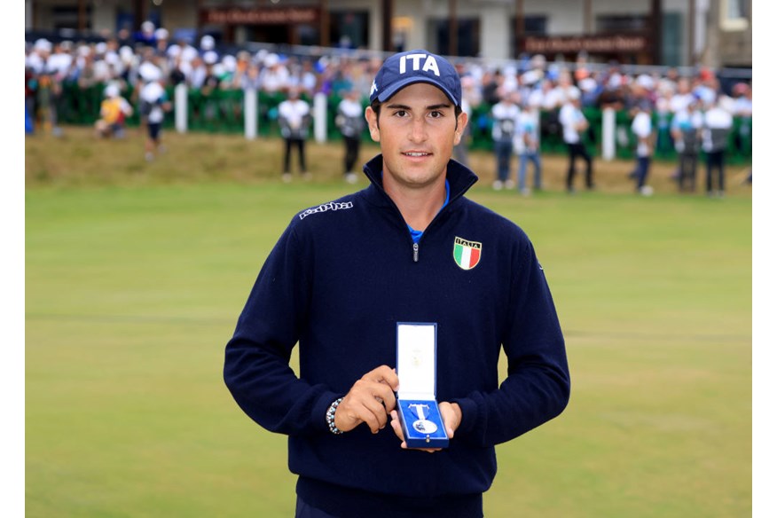 Filippo Celli poses with the Silver Medal for being the leading amateur at The 150th Open at St Andrews.