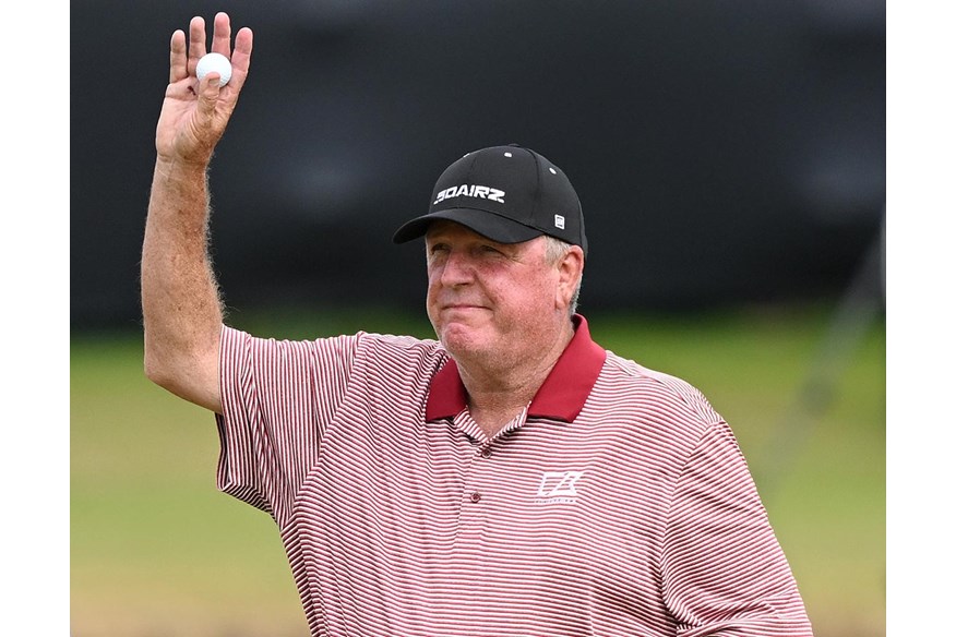 Mark Calcavecchia waves goodbye to The Open at St Andrews.