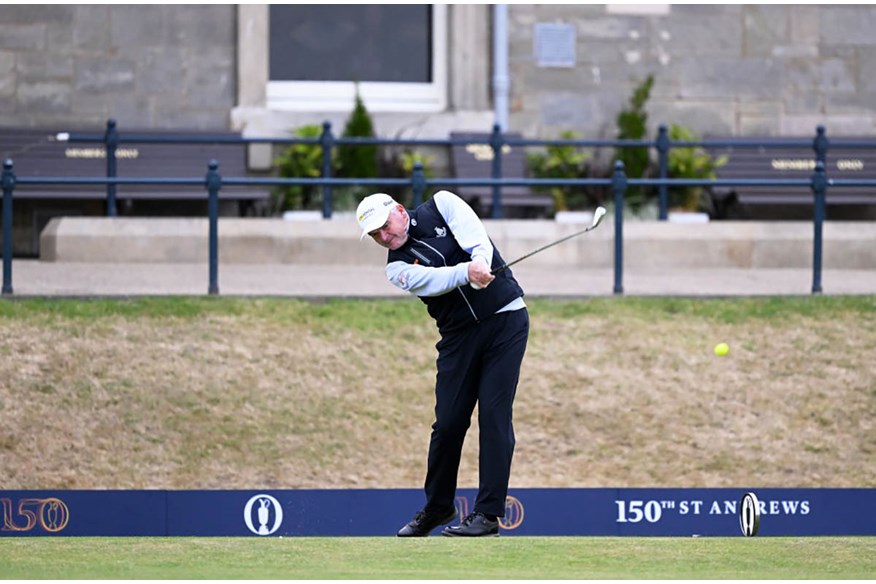 Paul Lawrie hits the opening tee shot at The 150th Open.