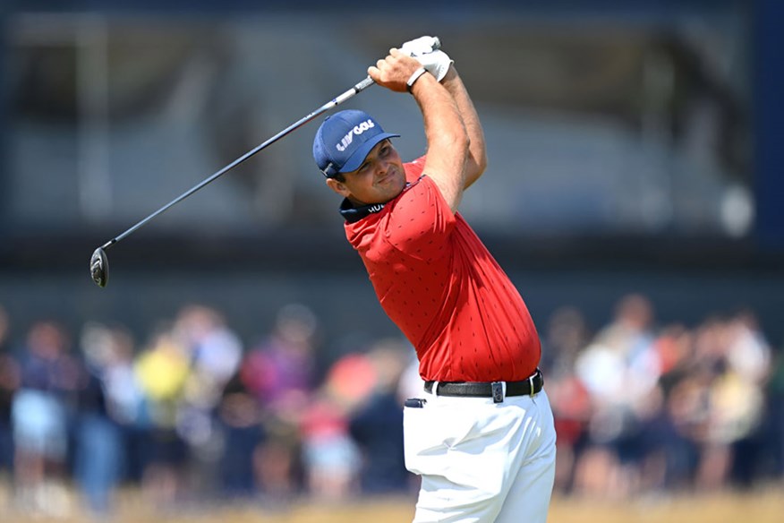 Patrick Reed practises at The Open in his LIV Golf-branded apparel.