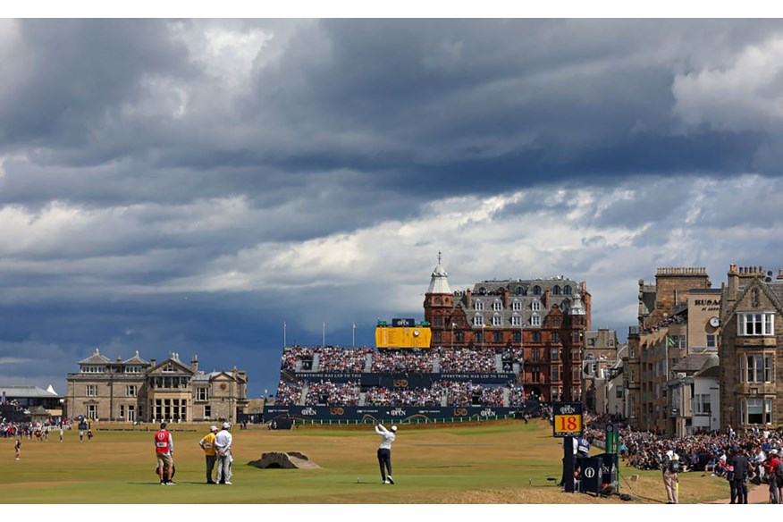 Tiger Woods tees off on the 18th hole during his second round at the 150th Open at St Andrews.