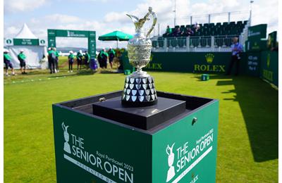 The Senior Open trophy on the 1st tee at Royal Porthcawl.