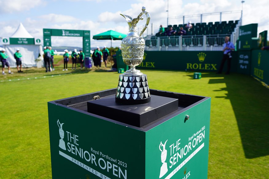 The Senior Open trophy on the 1st tee at Royal Porthcawl.