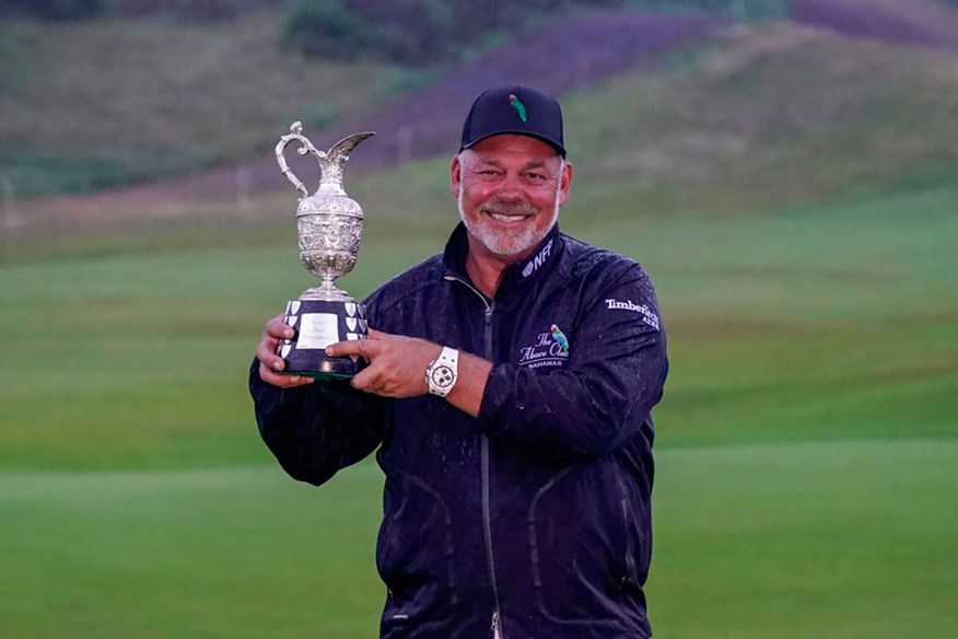 Darren Clarke poses with the Claret Jug after winning The Senior Open at Gleneagles in 2022.