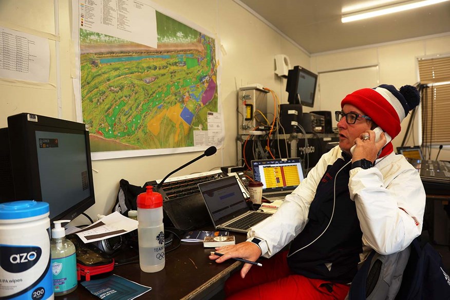 Pam Melbourne is in constant contact with all on-course commentators.