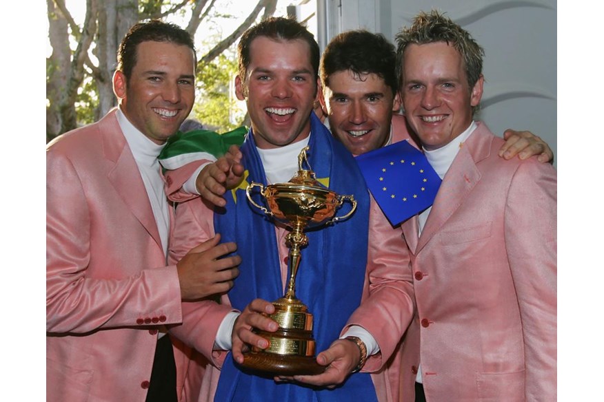 Sergio Garcia, Paul Casey, Padraig Harrington and Luke Donald celebrate the 2006 Ryder Cup victory.