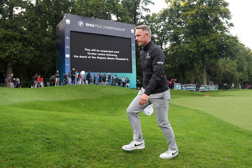 Luke Donald leaves the course as play is suspended at the BMW PGA Championship at Wentworth following the death of Her Majesty The Queen.