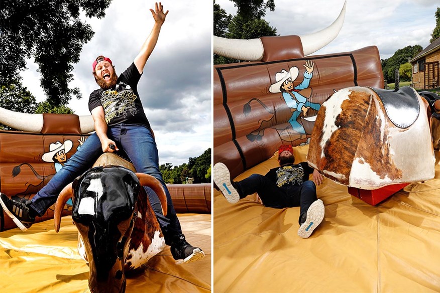 Andrew Beef Johnston rides a rodeo bull during a Today's Golfer feature.