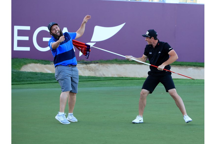 Andrew 'Beef' Johnston and Viktor Hovland lark around in Dubai.