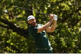 Dustin Johnson hits fairway wood at Augusta National 2024