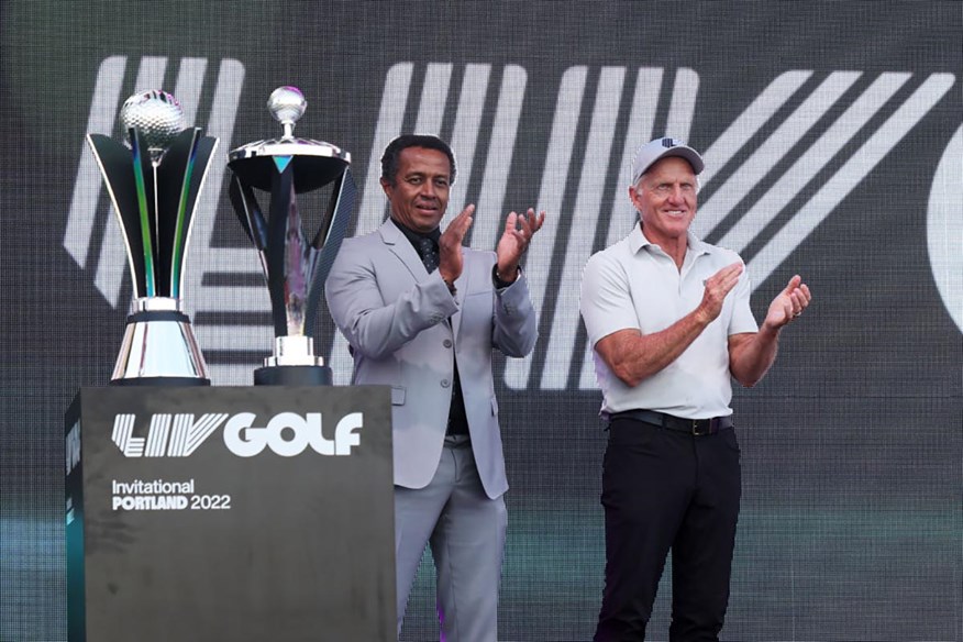 Majed Al Sorour, CEO of Saudi Golf Federation, and Greg Norman, CEO and commissioner of LIV Golf