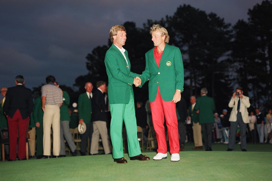 Bernhard Langer winning the Masters green jacket.