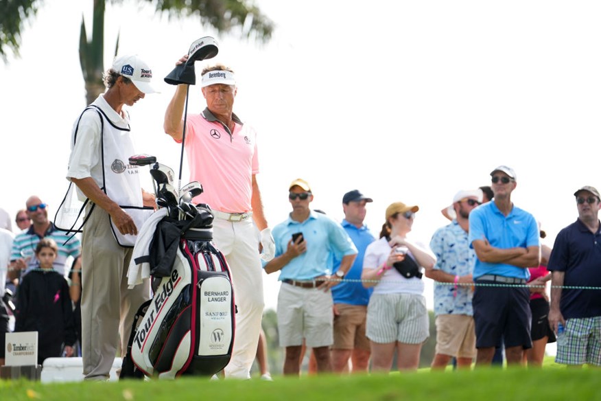 Bernhard Langer with his Tour exotics bag on the tee.