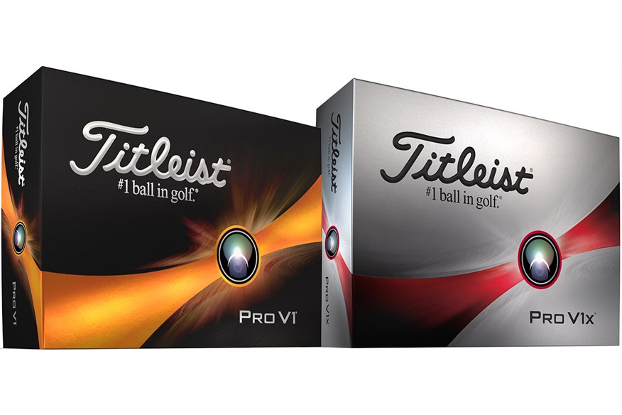 The boxes for the new Titleist Pro V1 and Pro V1x golf balls.