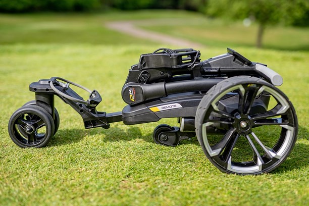 The PowaKaddy RX1 trolley folded down.