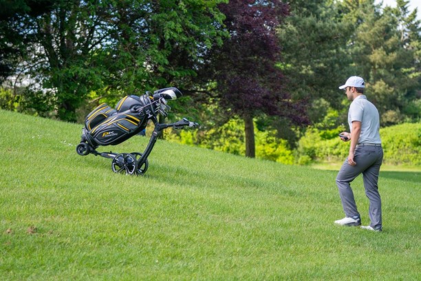 The rear wheel keeps the PowaKaddy RTX stable on slopes.