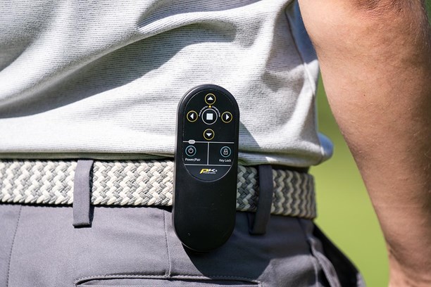 The RX1 remote attaches to your waistband or the trolley.