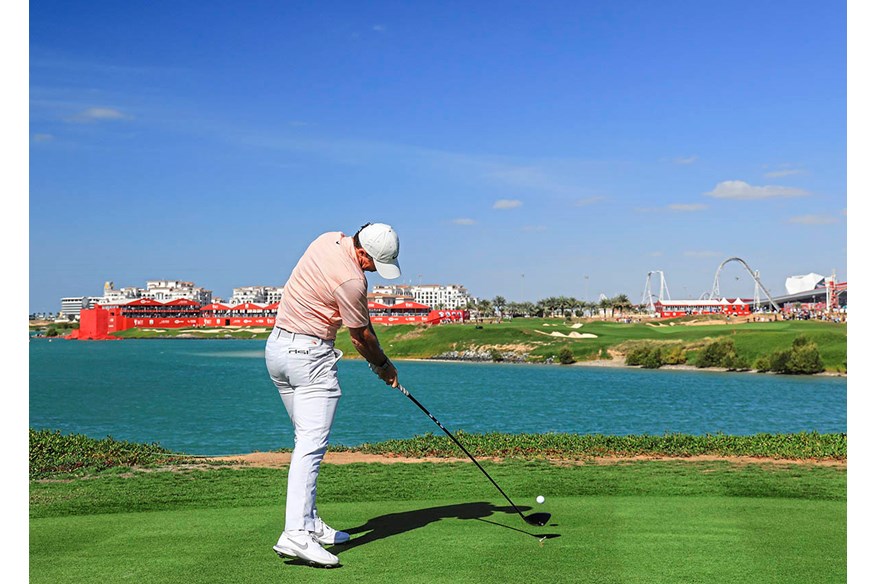 Rory McIlroy hits driver with an upwards angle of attack and an in-to-out swing path