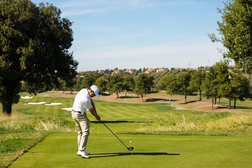 Team USA's Ryder Cup captain Zach Johnson hits a tee shot at Marco Simone Golf & Country Club during the 'Year To Go' event.