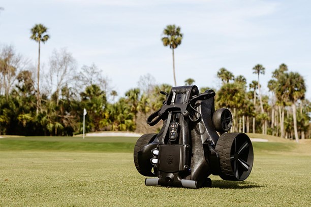 The Stewart Golf APEX trolley folds down small for easy transportation and storage